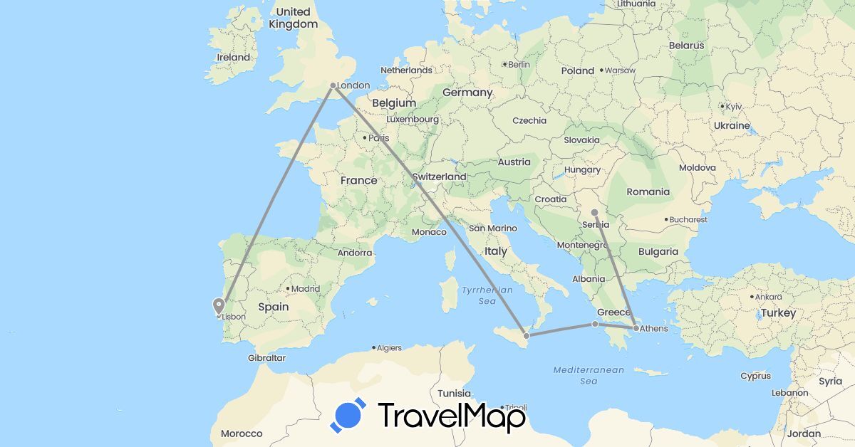 TravelMap itinerary: plane in United Kingdom, Greece, Italy, Portugal, Serbia (Europe)